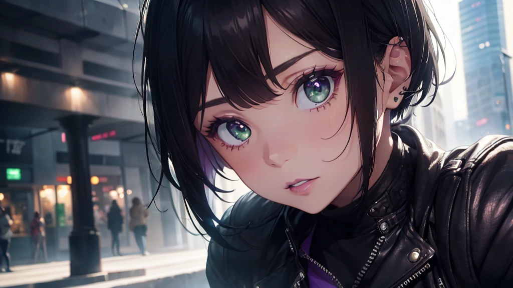 close-up shot of a woman, very short black hair, green eyes, dark eyelushes, purple lipstick, black leather jacket, iper-realistic, masterpiece, cinematic lighting, best quality, anatomically perfect