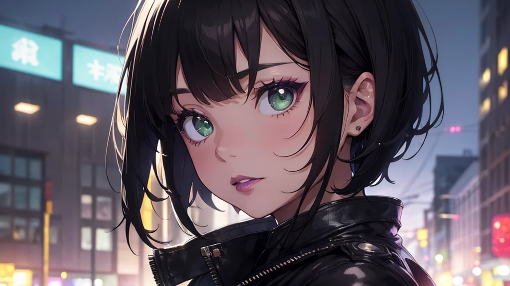 close-up shot of a woman, very short black hair, green eyes, dark eyelushes, purple lipstick, black leather jacket, iper-realistic, masterpiece, cinematic lighting, best quality, anatomically perfect