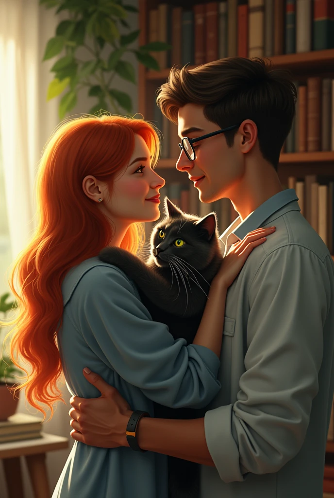 A ginger russian girl with green eyes holding dark grey cat named betty and in love with a big medical student with glasses and short hair 