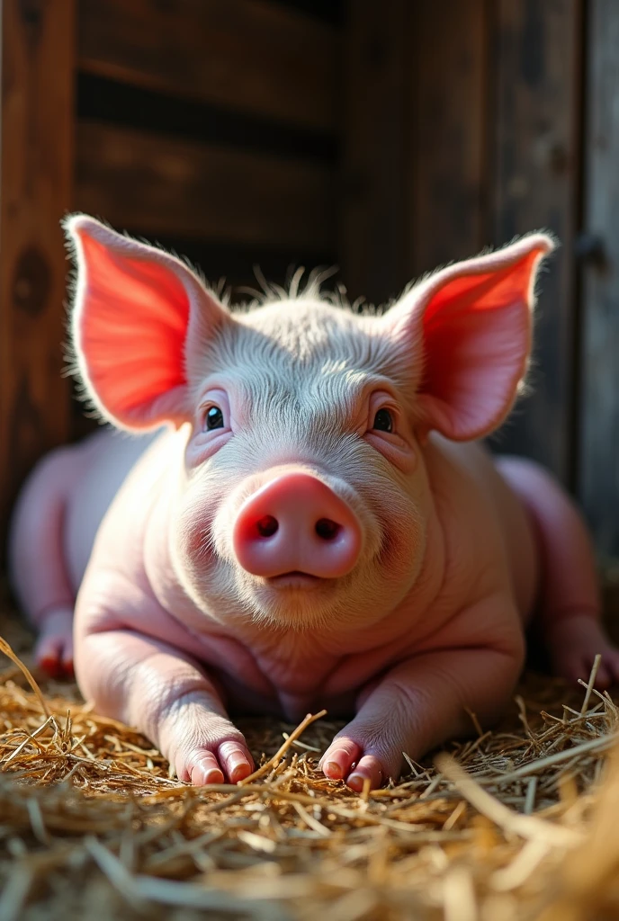 make an ultra fat pink pig, in a pigsty alone , ultra real , As a photo