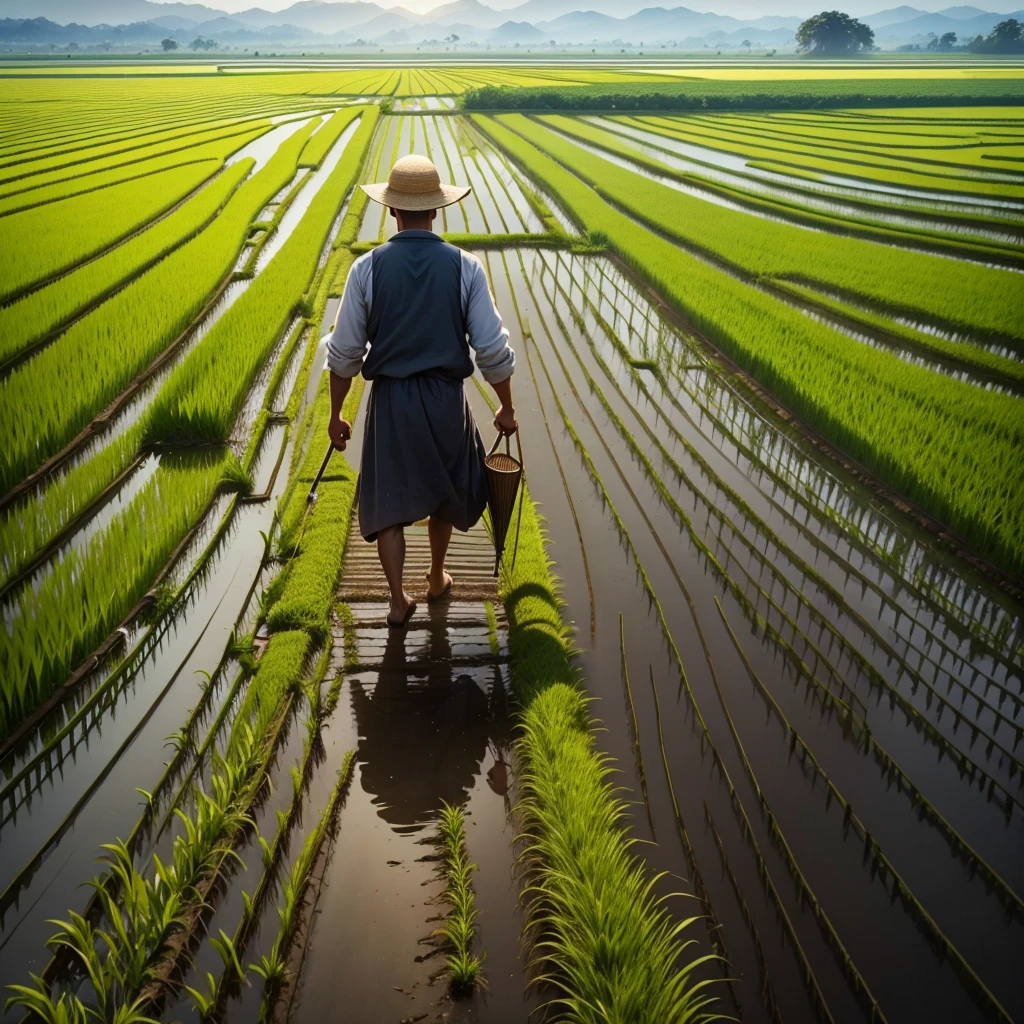 a picture of a farmer walking in the middle of a rice field, carrying a hoe, around which you can see a wide and beautiful expanse of rice fields at dusk