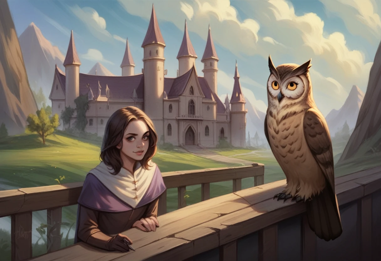 there is a owl sitting on a fence post in front of a castle, owl wizard, nite - owl, the wisest of all owls, Realistic fantasy illustration, inspired By Jofra Bosschaat, By Jofra Bosschaat, High Quality Fantasy Stock Photos, Nocturnal, owl, Matte Painting, Matte Painting, Highly detailed digital painting, realistic fantasy render, an owl