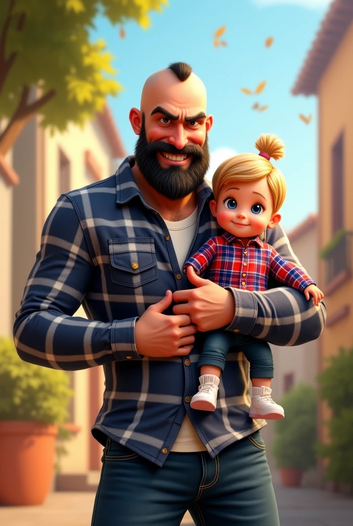 Father with arms outstretched holding a 1 year old baby. Adult man, with completely shaved head, no hair on his head, wearing a medium black Viking style beard, light brown eyes, frowning, smiling at the corner of his mouth, wearing a dark blue and white plaid shirt, wearing dark blue jeans, holding a 1 year old baby girl, baby with medium blond hair, with a pompadour, dark blue eyes, big smile, fair skin, wearing a long sleeve plaid shirt in red, white and blue colors, and he is wearing dark blue jeans and white converse sneakers. Character should be colorful and have a fun, friendly look, with exaggerated, expressive features. Pixar style.