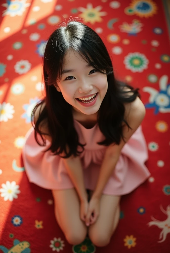 Beautiful, asian younger teen, kneeling on carpet, perfectly silky hair, (mouth very wide open and happy), wearing very short skirt, ((top down view))