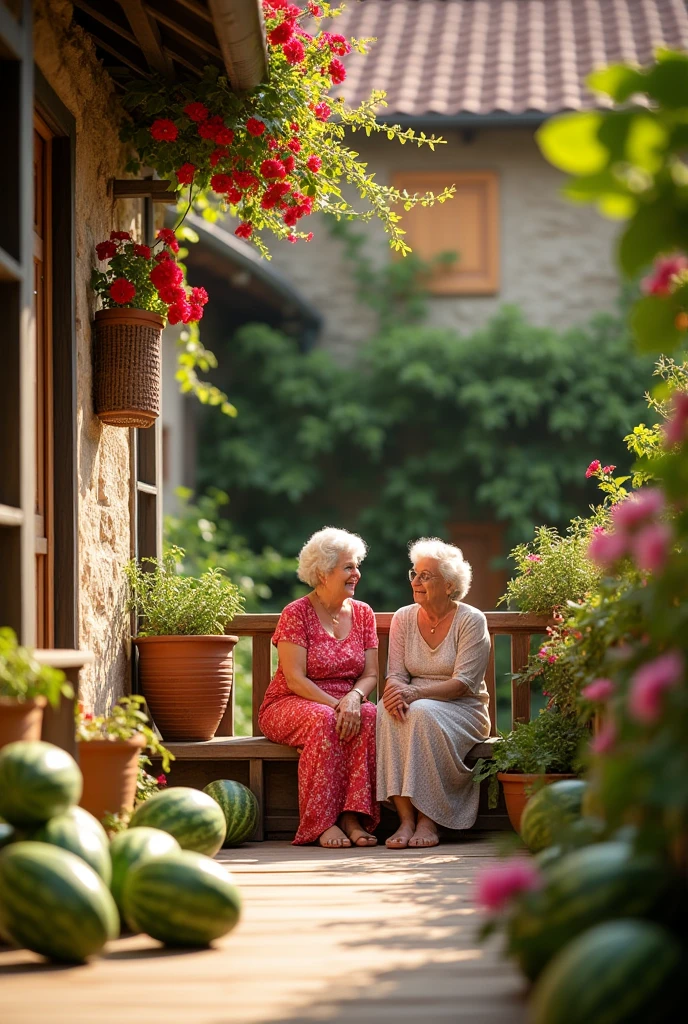 The vacation home has watermelons, a bright atmosphere. And there was me and my mother sitting on the balcony.