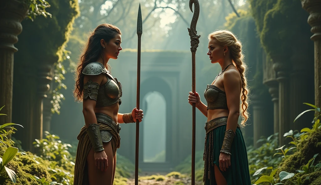 two amazons ready to fight each other, amazon 1 (brunette, light armor, spear) amazon 2 (blonde, a long braid, light armor, two handed staff) forest background and ancient temple, battle stance.  (masterpiece) (best quality) (detailed) (8k) (HDR) (wallpaper) (cinematic lighting) (sharp focus) (intricate)(very detailed hands), full body