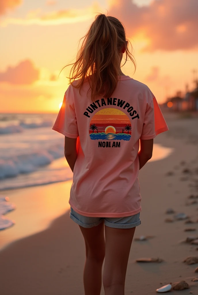 A t-shirt that says PUNTANEWPOST on the back, that has the sun at sunset as a logo . Let the shirt be worn by a girl who is walking along the beach