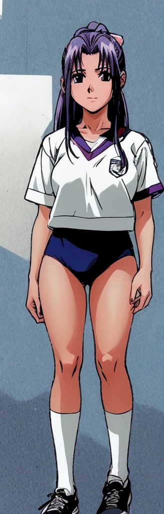 Momoko Koigakubo, with her beautiful legs, stands in a white gym uniform and light navy blue bloomers that look like panties.。