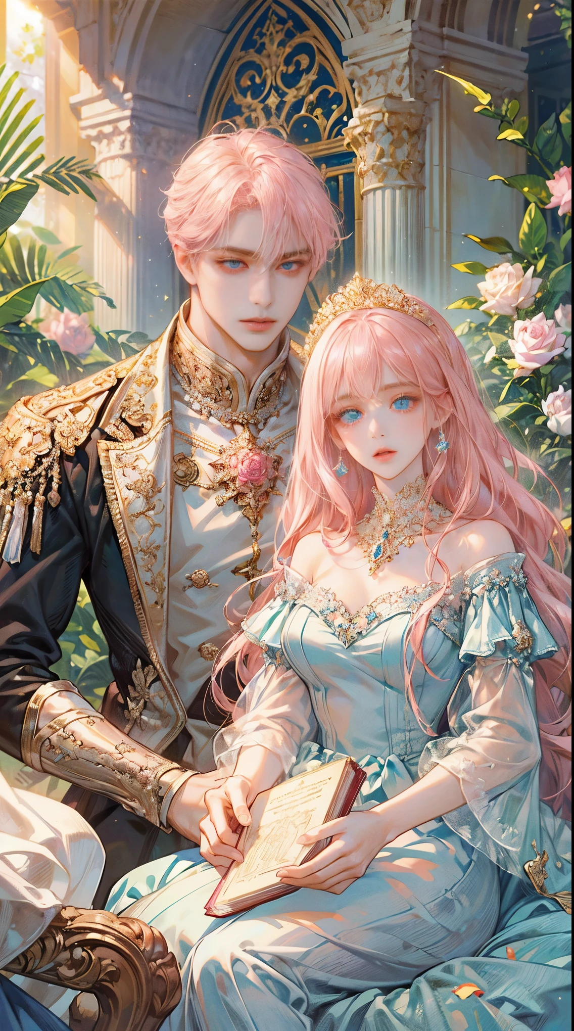 ((best quality)), ((masterpiece)), ((Romance Fantasy)), ((illustration)), (detailed), (clear), 1 woman, beautiful, pure, calm, long pink hair with bangs, white skin, Sapphire blue eyes, abundant eyelashes, Deep double eyelids, pretty lips, A gorgeous and rich pink dress, Gold accessories, Reading a book, rose garden, Sunny weather, dazzling sunlight