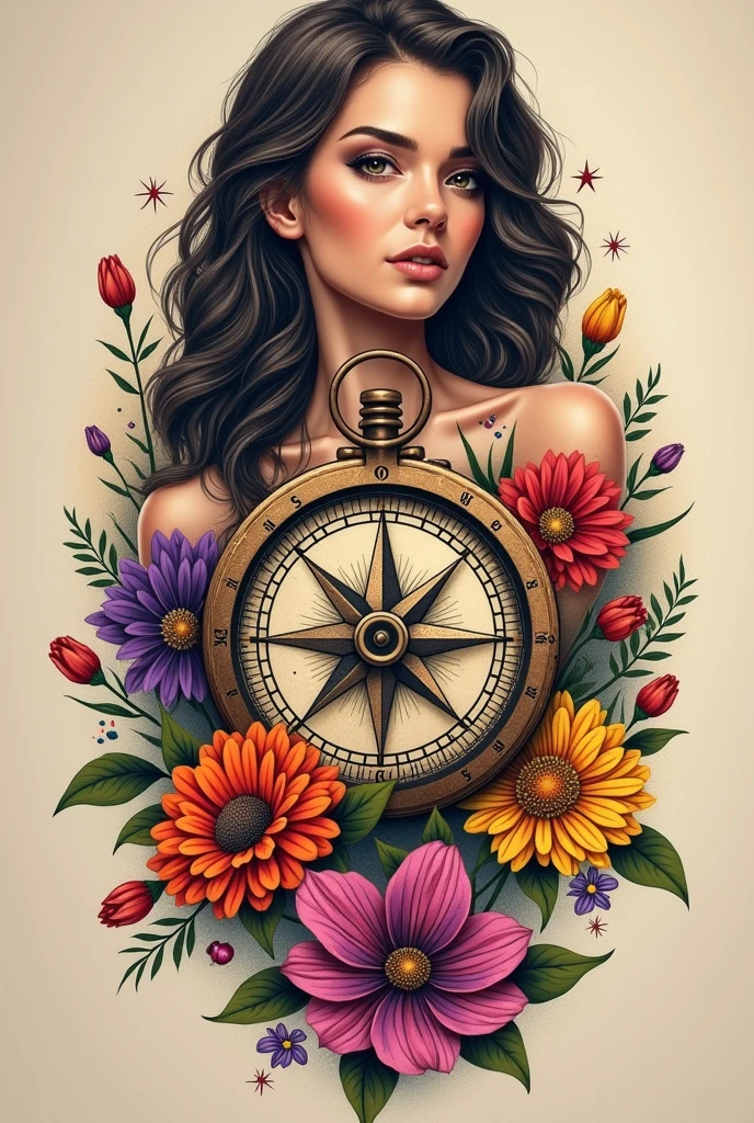 there is a woman with tattoos on her chest and a clock, in style of digital illustration, a beautiful artwork illustration, art cover illustration, colored illustration for tattoo, tattooed pinup, by Galen Dara, stunning digital illustration, exquisite digital illustration, illustration art, by Eddie Mendoza, art cover, digital illustration -, tattoo style, stylized digital illustration, full color illustration