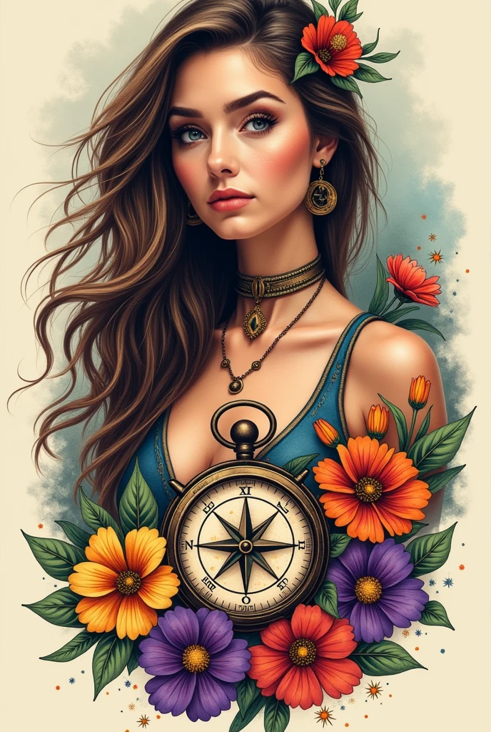 Compass and colorful flowers tattoo for women
