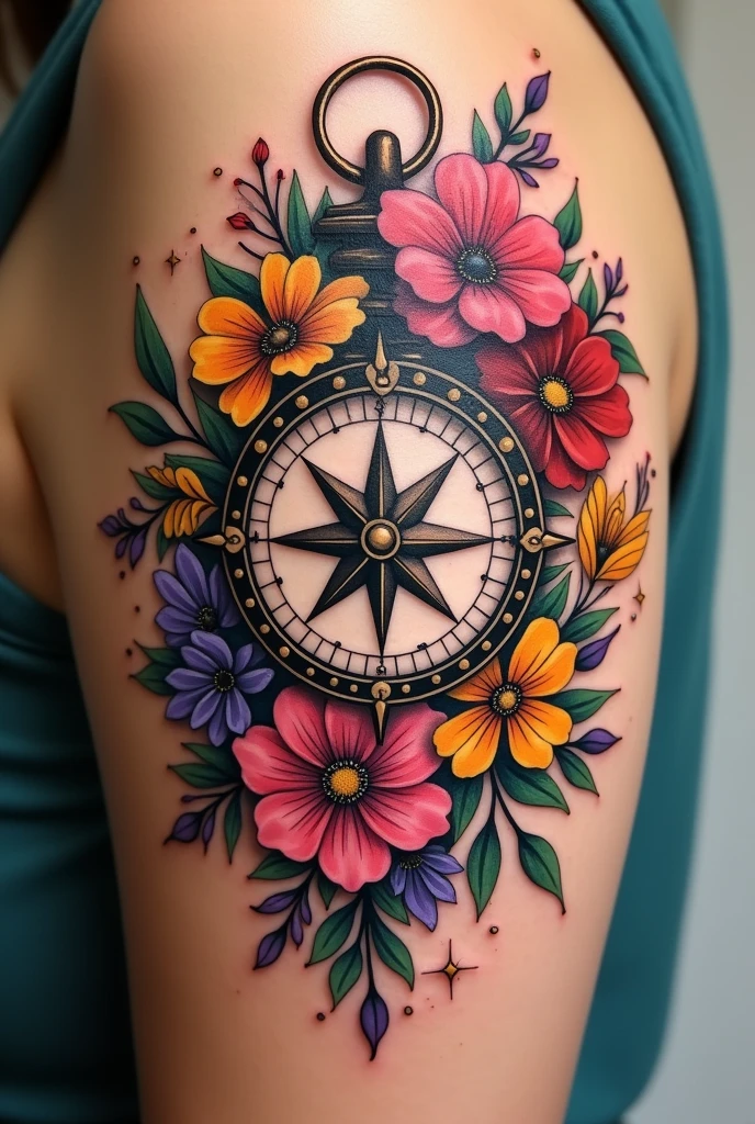 Compass and colorful flowers tattoo for women