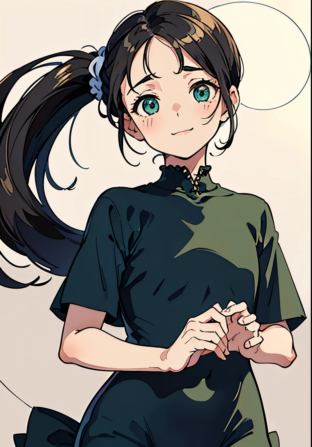 masterpiece, best quality, portrait, soft edge, perfect anatomy, perfect body, perfect hands, perfect face, (from front:1.5), (cowboy shot), 1girl, little young girl, (oval face:1.5), (short eyes, drooping eyes:1.4), grey-green eyes, blush, (highlights on eyes), sad, smile, flat hair, forehead, Center-parted forehead, sides-swept to back, pulled back hair, a single pigtail with hair tied back, black hair, (chubby), (looks soft body), one-piece swimsuit,