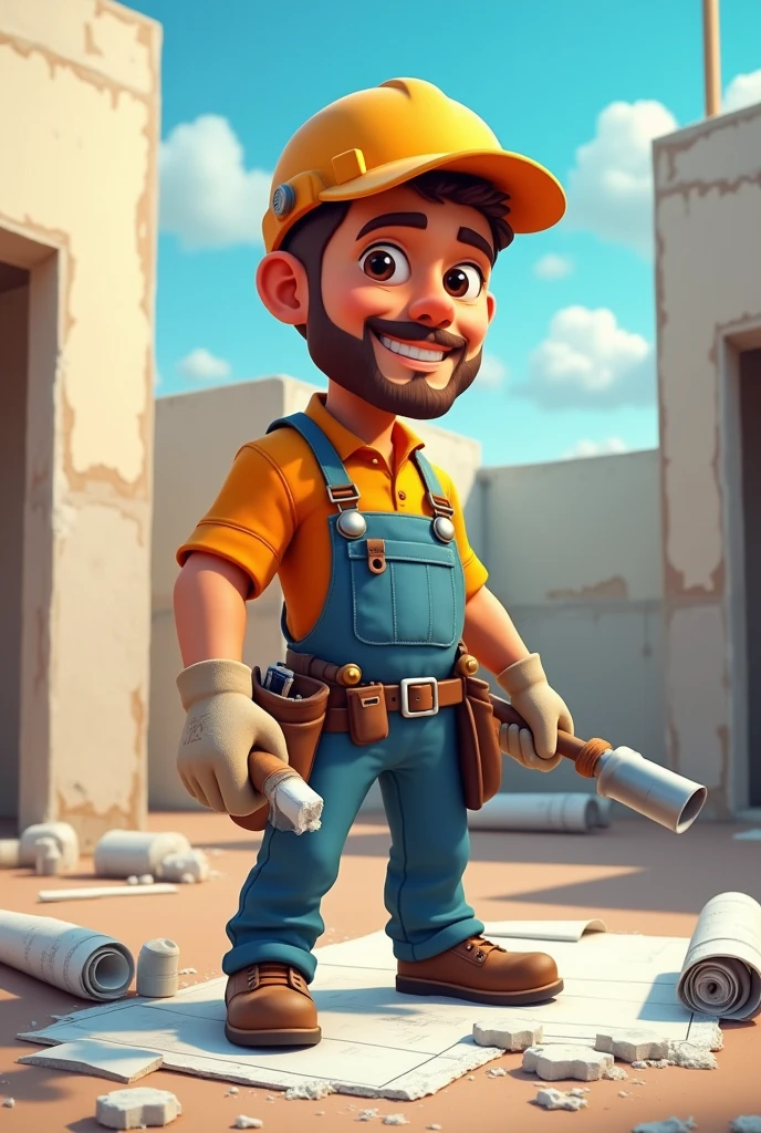 Image professionnelle pour photo de profil Instagram de mon compte de Plaquiste enduiseur, fais un avatar de moi en plaquiste, entrain de travailler, j'ai un bouc mais je n'ai pas de barbe châtain clair je suis presque chauve, souriant. fais comme une image de jeu