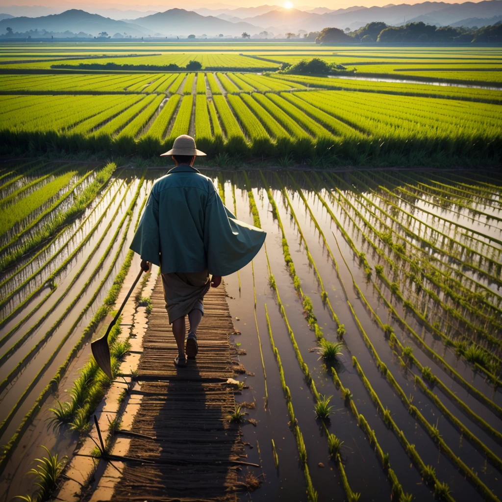 a picture of a farmer walking in the middle of a rice field, carrying a hoe, around which you can see a wide and beautiful expanse of rice fields at dusk