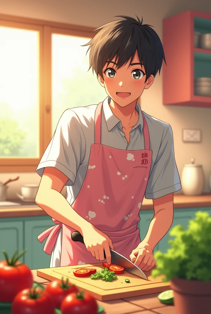 A man is in the kitchen. pink Apron anime

