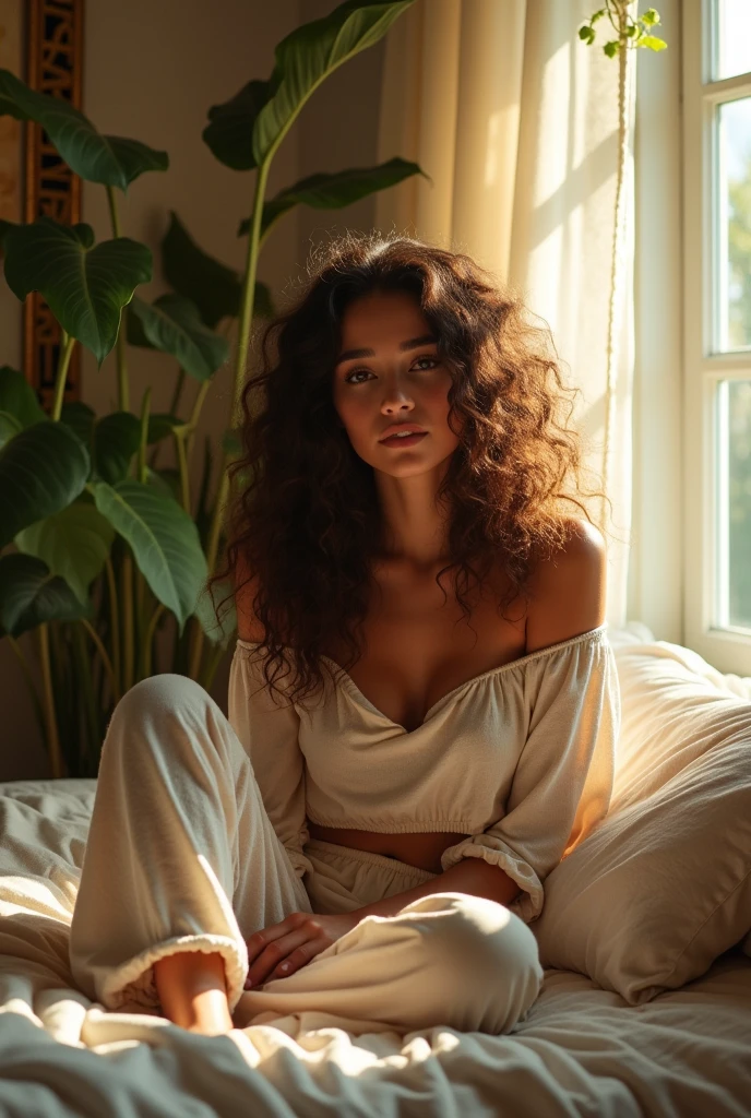 (photorealism:1.2), beautiful woman, sitting on bed, wearing loose off-shoulder top, pajama pants, long curly hair, indoors, soft lighting, plants in background, window with sunlight, cozy room, relaxed pose, realistic, intricate details, warm colors, by Greg Rutkowski, by Alphonse Mucha