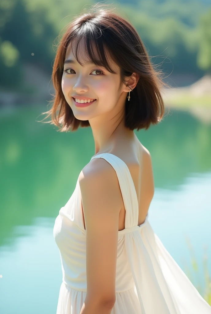 Highest quality, Face Focus, Soft Light, Ultra-high resolution, (Realistic:1.4), RAW Photos, 1 Japan, alone, cute, (はにかんだsmile:0.5), (Brown eyes, Light in your eyes), Beautiful face in every detail, (Small box),(High resolution detail of human skin texture), (Short Bob Hair), break, Japanese beauty、Small valley、White dress、cute、smile、Lakeside、stroll、18 years old、No sleeve、Ridiculous