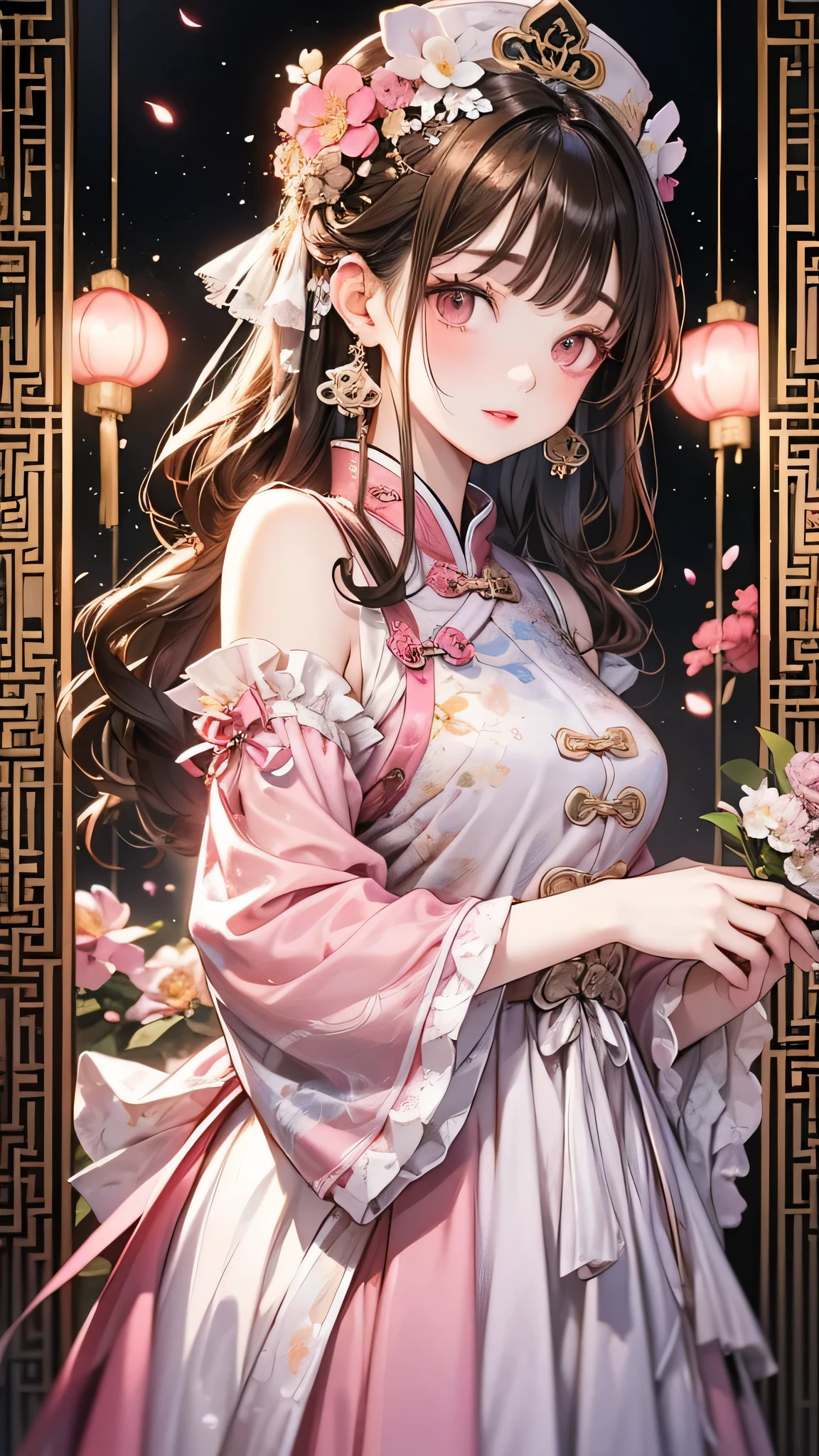 masterpiece, Highest quality, Waterfront, banquet, 1 female, Mature Woman, elegant, Chinese style, ancient China, younger sister, Royal younger sister, Happy, Meatball Head, Light brown hair, Pink Eyes, Gorgeous hat, Pale pink lips, Pink clothes, thread-like clothes, intellectual, Full Bang, Flat bangs, Flower Ball, Delicate face,Updo