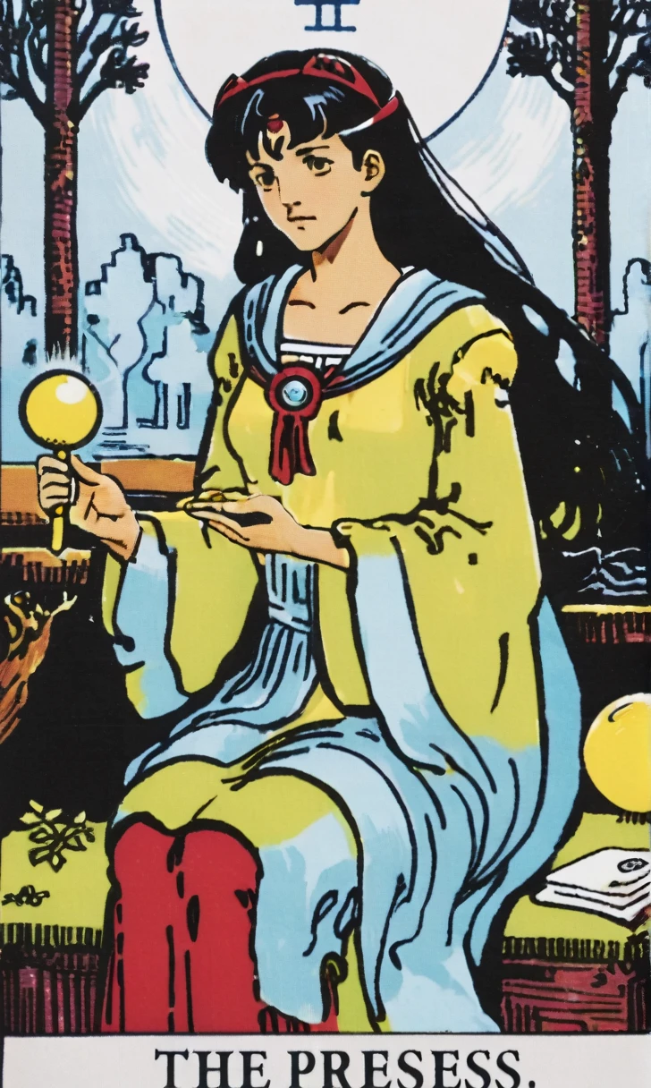 trtcrd artstyle, bright chartreuse, tarot style, kagomexl, long hair, black hair, brown eyes, bangs, school uniform, serafuku, sailor collar, red neckerchief, Kagome holding floating crystal shard. dreamy look, breathtaking, stunning creative medieval tarot art. text at the bottom reads "The Priestess"