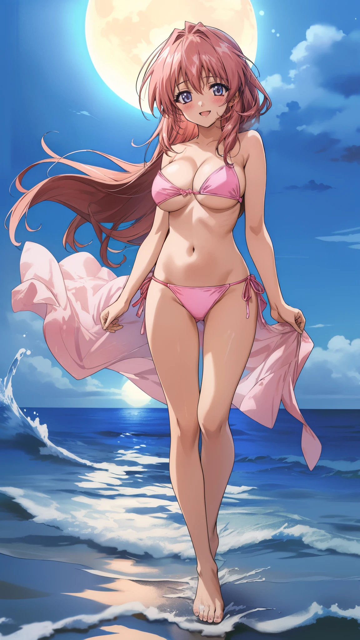 Anime illustration　Aoikan, 1 person, Pink bandeau bikini,  Big Breasts、 blush, Cute Smile　Open your mouth, Are standing, (
She walked along the moonlit beach, her bare feet touched the water, and she came closest to that smile), barefoot,　Two Arms, (cinematic angle:1.1),