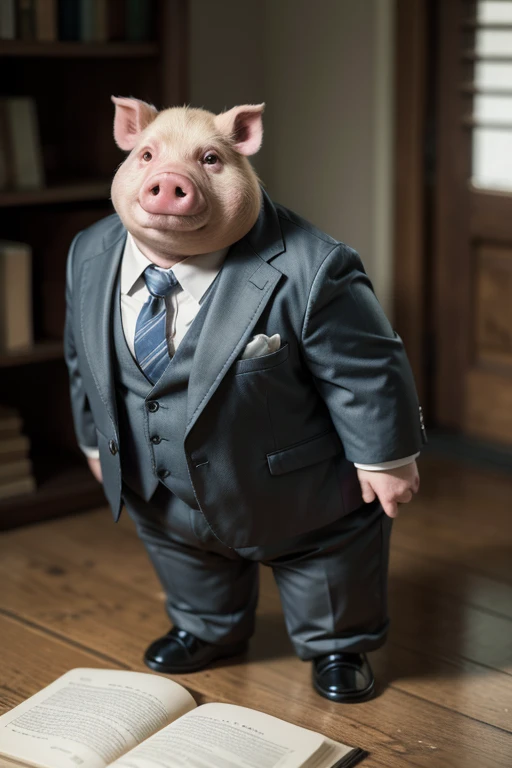 generate a figure of Major Pig based on the book Animal Farm in a suit and tie standing, a little fatty