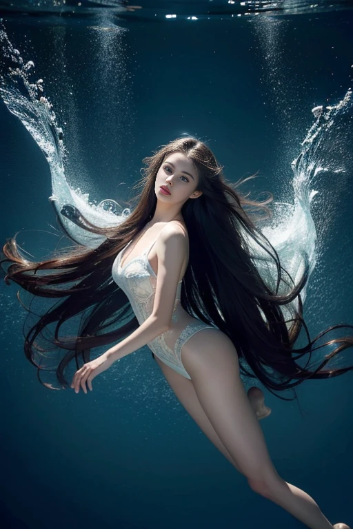 Wide Shot, (alone:1.3), Elevation, (In the water:1.2), (Deep in the sea),, masterpiece, Highest quality, Intricate details, One person, ballerina , (Long Hair:1.2), alone, Expressionless, blue eyes, Looking_superior, Floating Hair, Floating clothes, God&#39;s Rays, bubble, barefoot, (whole body:1.2), Outstretched arms, , Perfect hands,