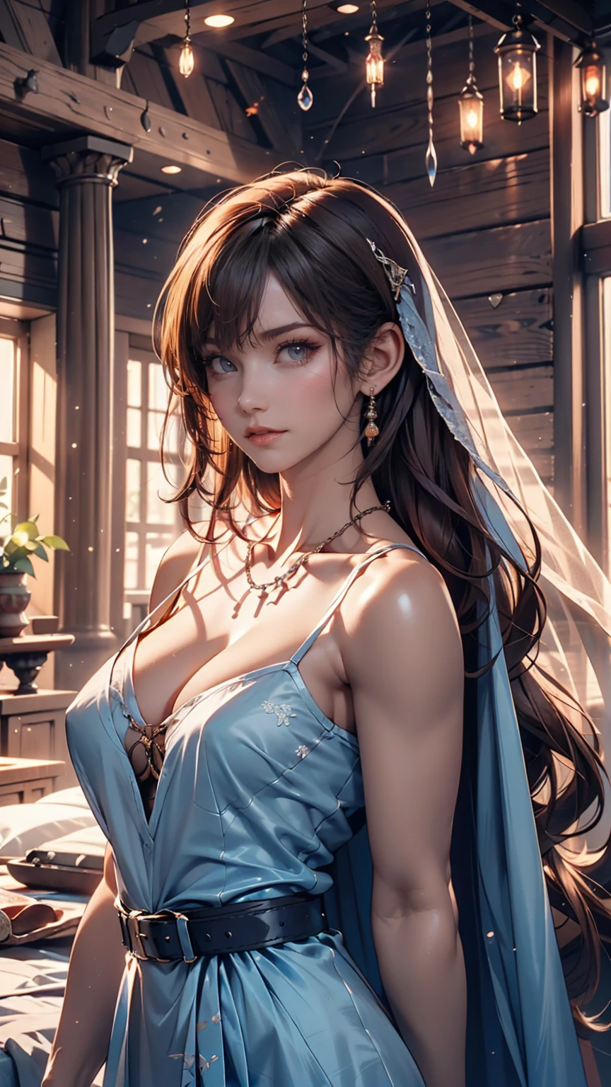 RAW Photos, Full body photo of ceciliadeo1sd,Auburn Hair, Short Pixie Haircut, Pale skin, The body is slim, Room Background, Blue silk veil,Thin silk chain belt, (Skin with attention to detail:1.2), 8K Ultra HD, Digital SLR, Soft lighting, high quality, Film Grain, Fujifilm XT3、 dresses、Shoulder exposed