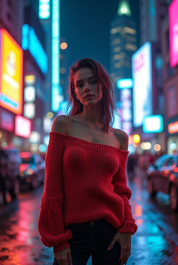 ((best quality)), ((masterpiece)), (detailed), 1girl, off-shoulder sweater, in a cyberpunk São Paulo city