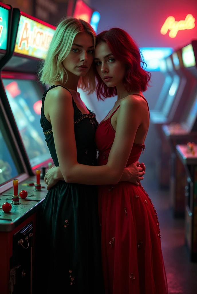 Imagem dark fantasy, blonde girl with shoulder length hair, greeneyes, cherry dress, in an arcade, with a dark red haired one, black outlined, black gown, hugging.