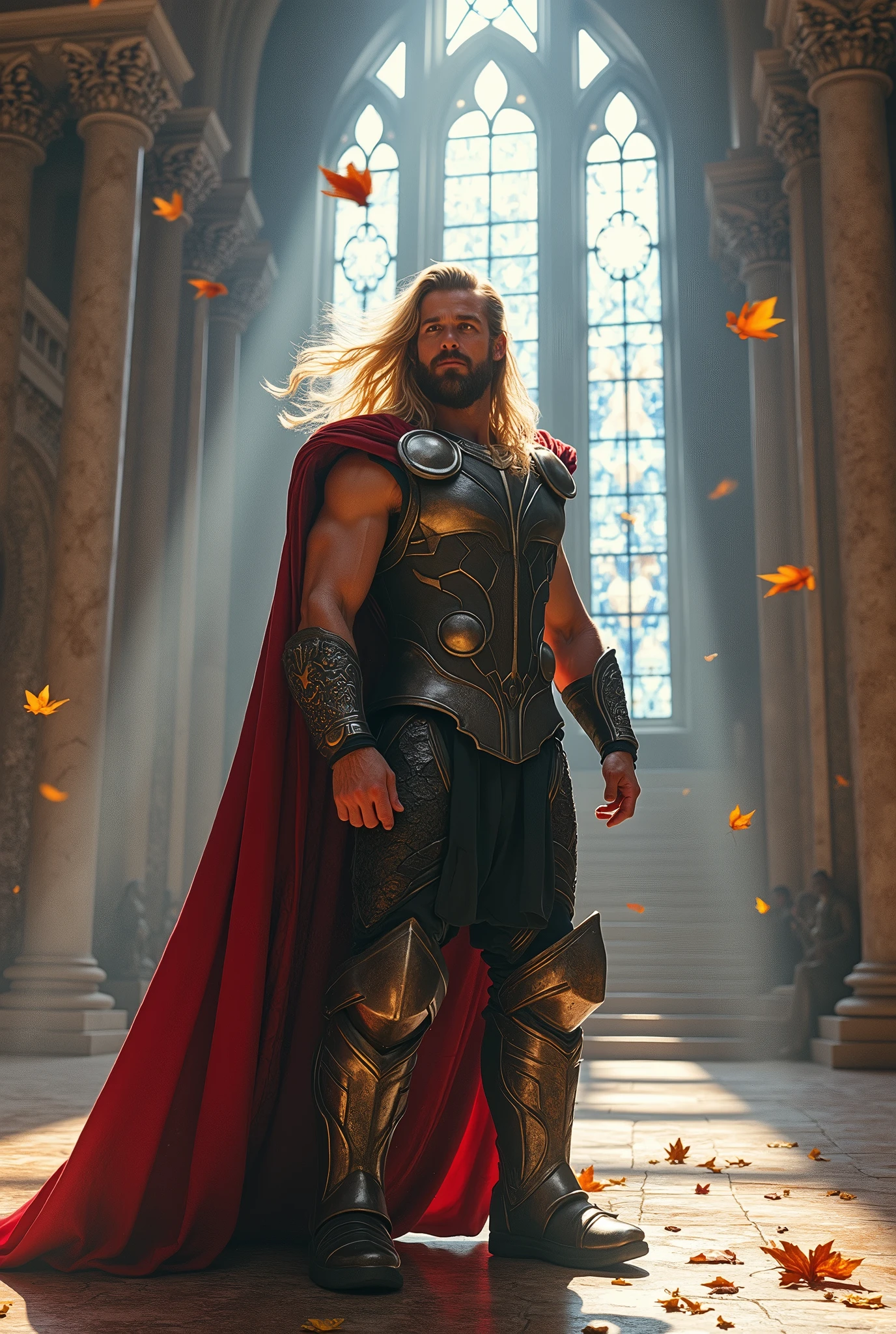 Thor was hit by a strong wind that blew off his suit, leaving him naked in the middle of the palace.