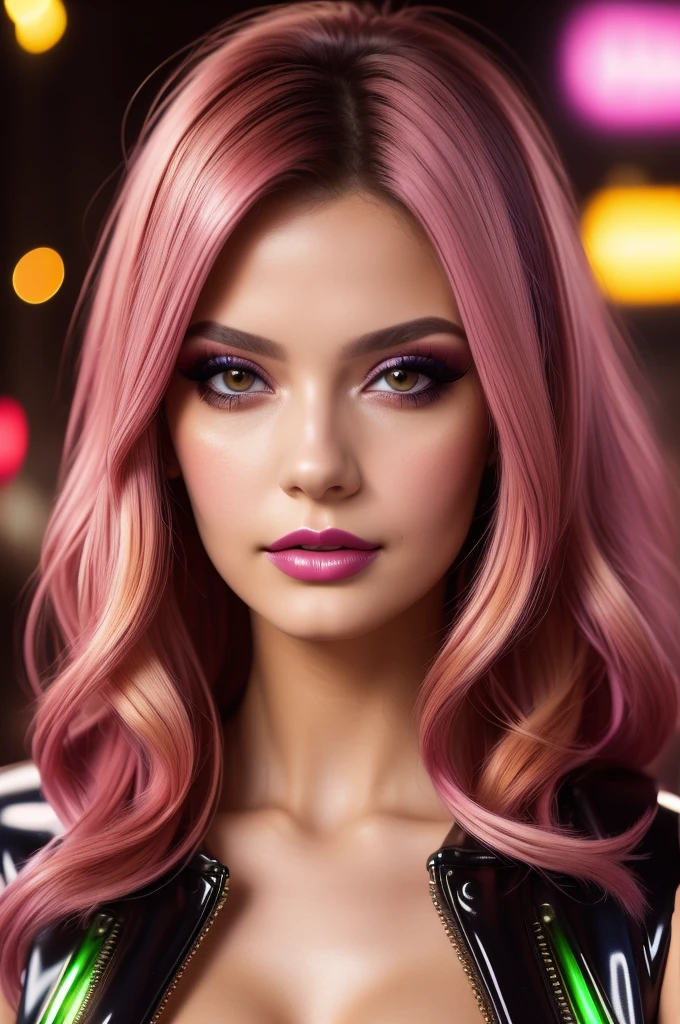 close-up portrait of a beautiful young woman, (cyberpunk clothes) (ErinNobodySD15), Large breasts, pressed lips (seriously: 1.2) appearance (bright side light rim light: 1.2) deep dark shadows dramatic camera angle high-contrast color gradation (masterpiece: 1.2) (photorealistic: 1.2) (bokeh:1.2) (best quality) (detailed skin:1.3) (complex details) (8k) (HDR) (cinematic lighting) (sharp focus), large multicolored hair loose and wavy, neon lights in the background, pink latex clothing, light brown eye color,