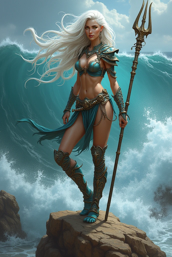 rpg style, digital painting art style, concept art style, full-body, fantasy, standing on a rock, sea elf female, tall and slender, athletic figure, muscled build, long limbs, long arms, long legs, muscled arms, visible six-pack, visible biceps, toned, big muscles, beefy, ripped, white long wavy hair, yellow eyes, shark like teeth, sharp teeth, neck gills like fish, webbed fingers, webbing between fingers, sharp fingernails, fin like pointed ears, turquoise blue skin, gladiator armor, holding trident in one hand, holding gladiator fishing long net in the other hand, scale like armor, seashell spaulder,, seashell pauldron, seashell shoulder armor, coral diadem, cleric, sea background, ocean wave splash background