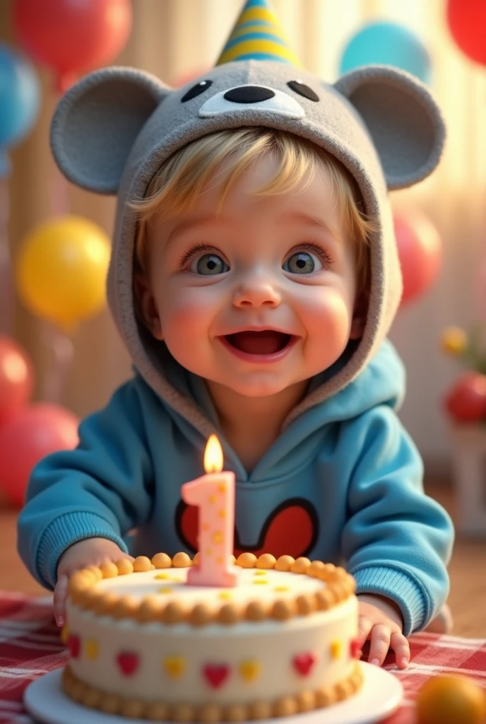 1 years old baby boy. He has light skin, short medium blond hair with bangs. Dark Blue eyes. He is smiling brightly. he is wearing a gray hat with bear face. He is wearing a blue hoodie with in mickey mouse aesthetics. He is celebrating  his first birthday with a cake with a candle number 1. Character should be colorful and have a fun, friendly look, with exaggerated, expressive features. Big expressive eyes and smiling. Pixar style