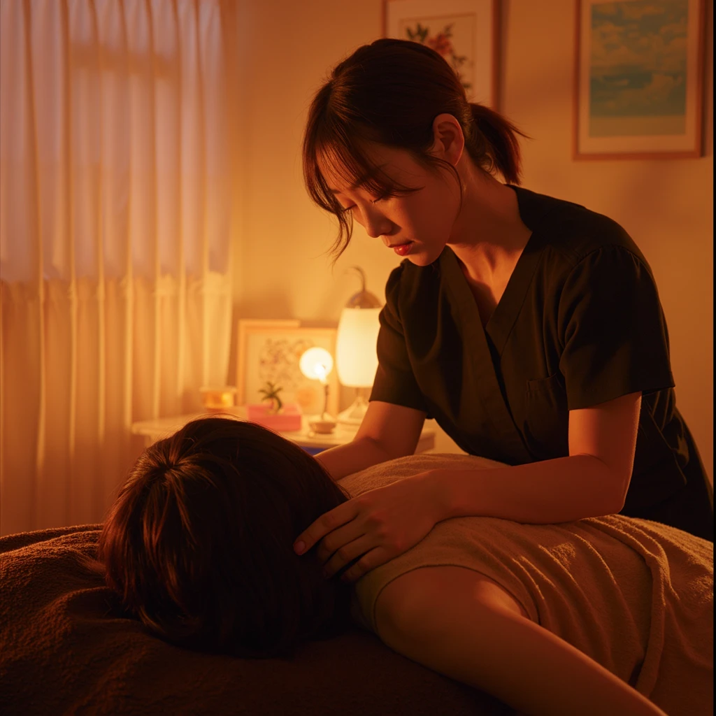Professional photograph taken with a DSLR camera. A serene, luxurious room in a high-rise apartment with floor-to-ceiling windows showcasing a stunning nighttime cityscape. In the foreground, a Japanese female massage therapist is performing a massage. She is wearing black cutsew with only her arms exposed. Her expression is soft and gentle, with a subtle smile. Her skin appears smooth and flawless. The client, also a Japanese woman, lies on a massage table. Her eyes are closed, and her face shows a deeply relaxed, almost dreamy expression. She appears to be drifting off to sleep, completely at ease. Her skin also has a beautiful, healthy glow. The lighting is warm and soft, creating an intimate and calming atmosphere. The overall composition is balanced and aesthetically pleasing, capturing the essence of relaxation and professional care.