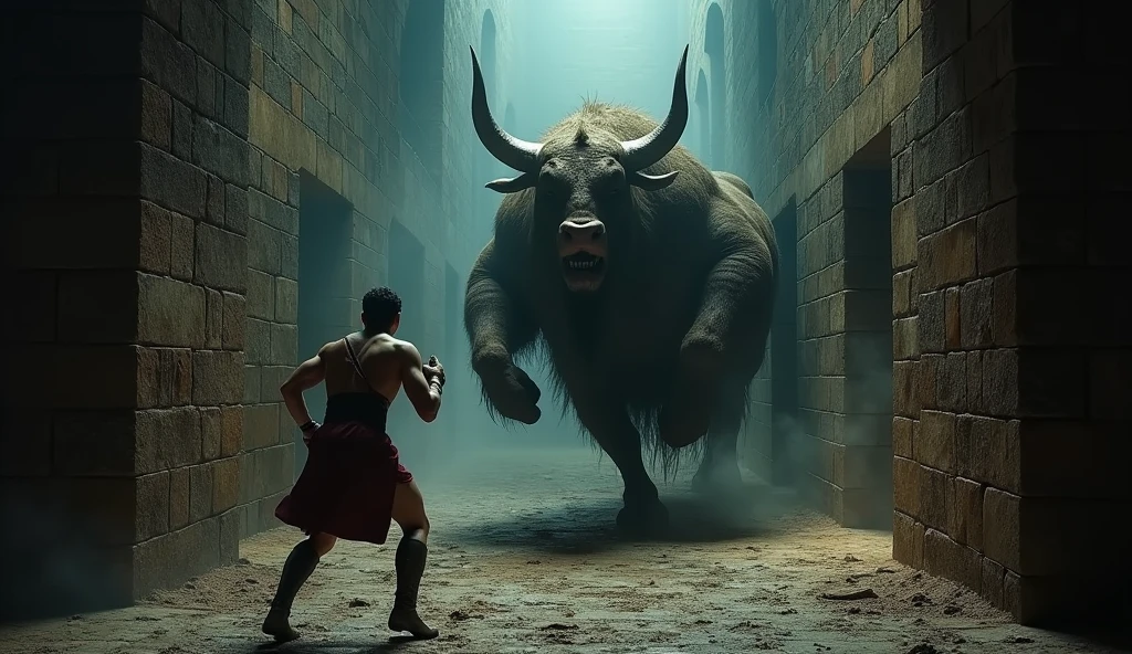 A dramatic and intense battle scene between Theseus and the Minotaur, deep within the labyrinth. The Minotaur lunges with its powerful horns, while Theseus skillfully dodges and prepares to strike. The environment is dark and claustrophobic, with the light of the torch casting flickering shadows. Cinematic, epic, highly realistic, dynamic action. cinematic style, photographic, epic