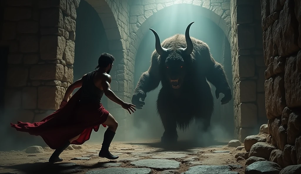 A dramatic and intense battle scene between Theseus and the Minotaur, deep within the labyrinth. The Minotaur lunges with its powerful horns, while Theseus skillfully dodges and prepares to strike. The environment is dark and claustrophobic, with the light of the torch casting flickering shadows. Cinematic, epic, highly realistic, dynamic action. cinematic style, photographic, epic