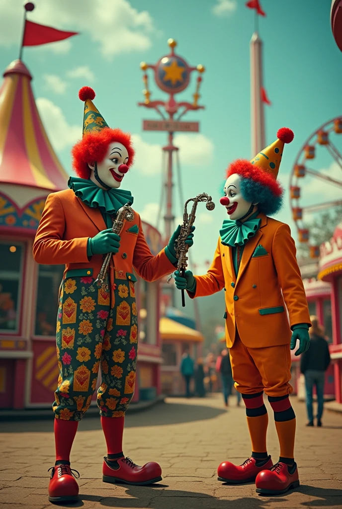Clowns in 1960s mod attire with mechanical limbs, performing surreal tricks with steam-powered gadgets