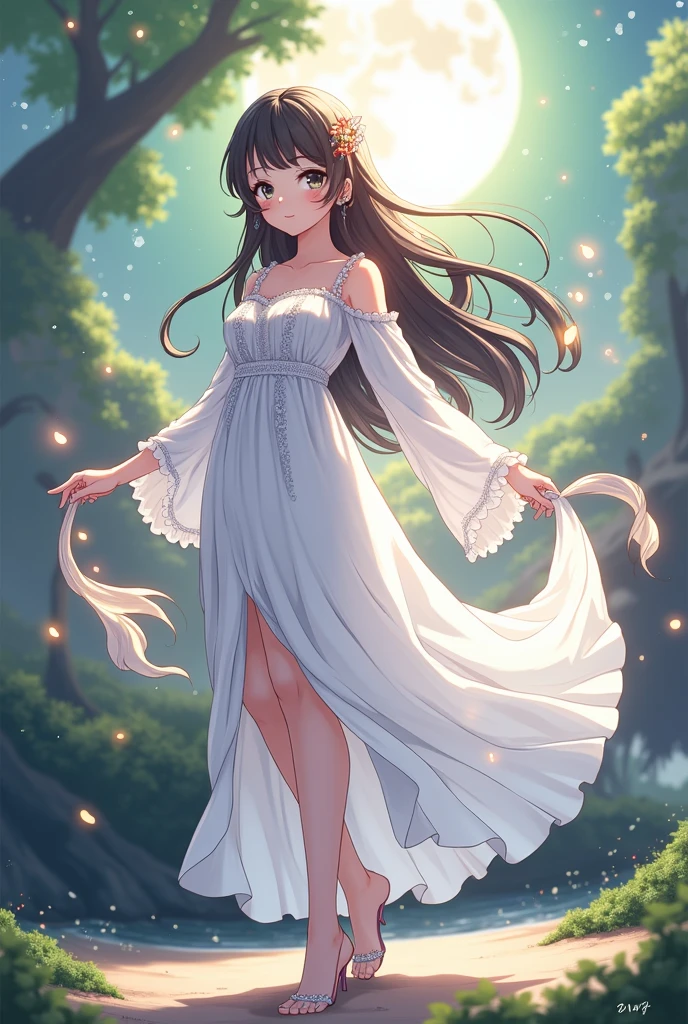 (masterpiece、Highest quality、8k、High resolution)、One female、(Beautiful Face、Beautiful Face)、Beautiful eyes、Beautiful lips、Beautiful nose、Brown-black hair、(The best girl in anime)、Sandy beach with a view of the forest、A bright night with stars visible、full moon、milky way、体whole bodyから神秘的な光の粒子、Colorful light particles、A mysterious light glowing around the head、melt、jewelry、necklace、dress、(whole body)、Highly detailed anime art、A complete portrayal、