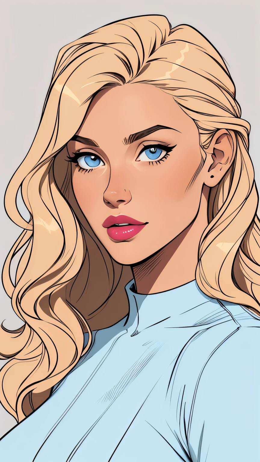 Female characters Flat colors,top half body shot, close up of a 25 year old surfer looking girl, tan skin, ([light blueish eyes]) blonde wavy hair, natural beaty, (([beautiful lips, light pink lipstick])) Beautiful, masterpiece, (([Simple grey background])) 