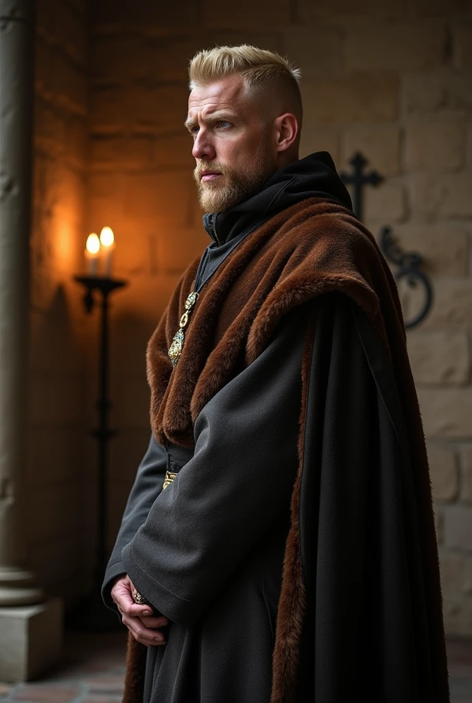 In Style of a character portrait of the Game of Thrones TV show: abbot of Praios (Sun God of the Dark Eye RPG) wearing a bearskin cloak, dark blonde hair cut in a tonsure. Clean shaven, ascetic look, about 40 years with lines of sorrow on his brow.