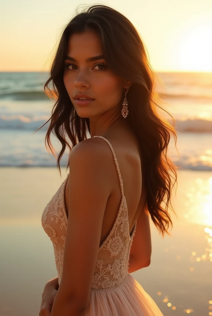 a beautiful latina girl in a gorgeous dress standing next to the beach, extremely detailed facial features, detailed eyes and lips, long eyelashes, flowing hair, elegant pose, serene beach landscape, golden hour lighting, warm color tones, cinematic composition, hyper realistic, 8k, intricate details, masterpiece
