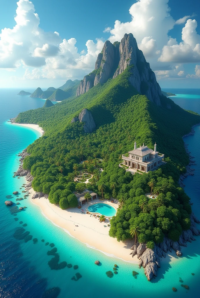  The image will be of a tropical island seen entirely from above as if it were a game board., divided into: beachfront, cavern, moutain, forest and mansion. VIEW FROM TOP TO BOTTOM AS IF I HAD A HELICOPTER OVER THE CENTER OF THE ISLAND AND SEEING IT FROM BELOW, BUT THE HELICOPTER DIDN&#39;T APPEAR