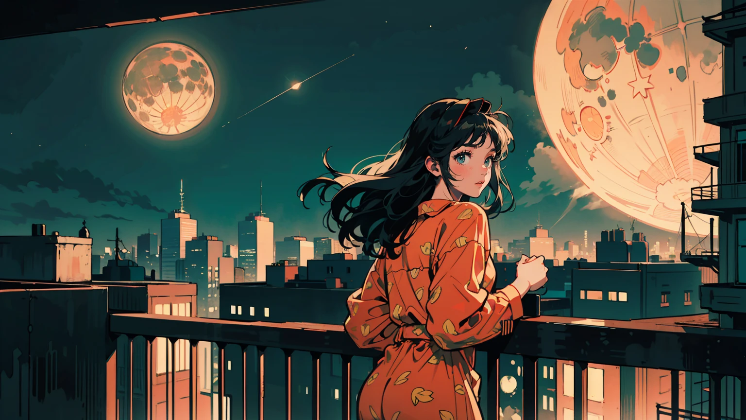 Anime style illustration of young woman on balcony at night. Full moon and starry sky, cityscape below with twinkling lights. The woman wearing pajamas with polka dot pattern. Wearing a big headphone and looking at viewers. Various colors in the image. Balcony railing in foreground. Contrast between dark night sky and bright city lights. Peaceful, contemplative mood. Highly detailed background with buildings. Soft, warm color palette with emphasis on blues and oranges. Cozy, late-night atmosphere.