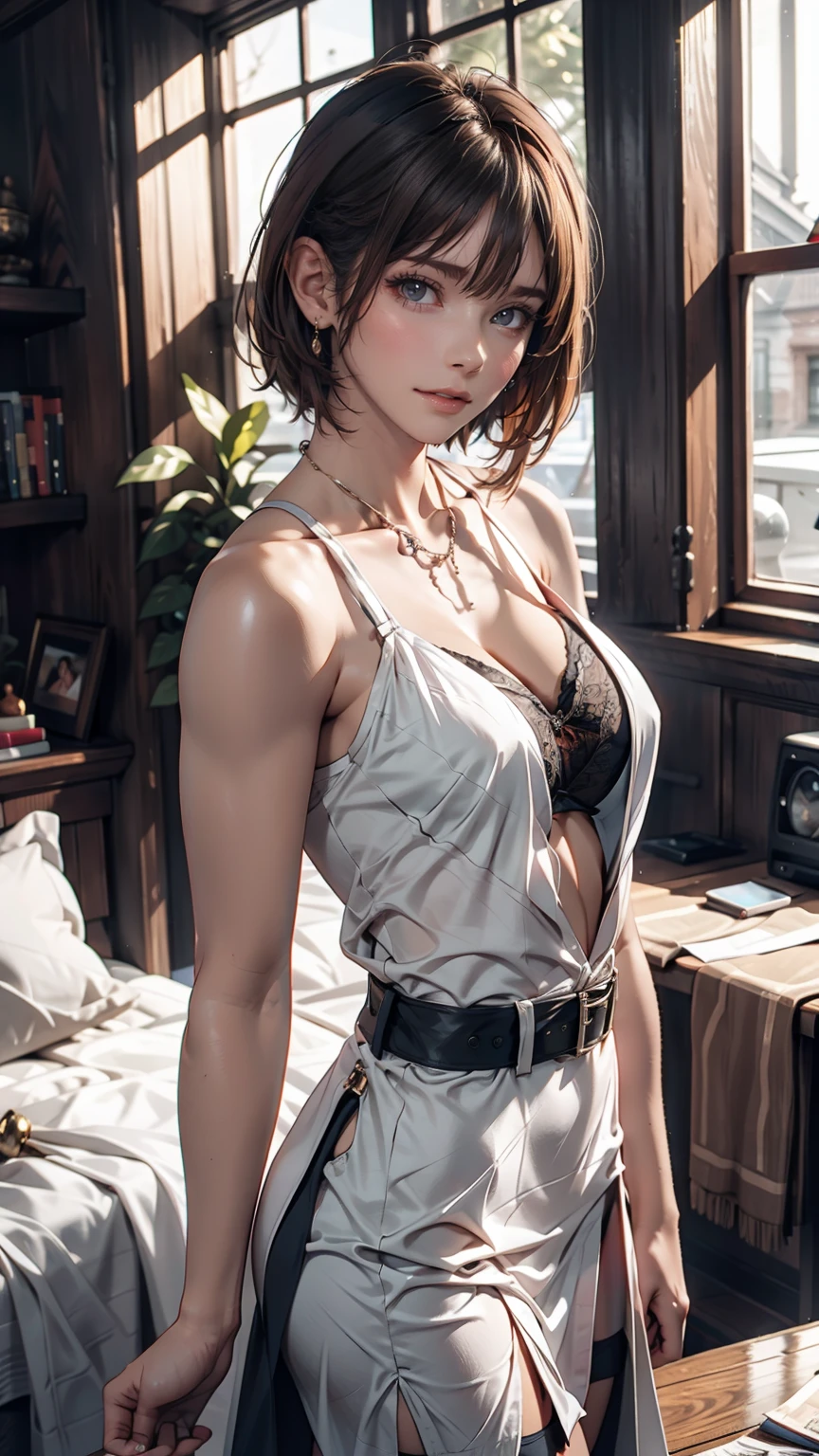 RAW Photos, Full body photo of ceciliadeo1sd,Auburn Hair, Short Pixie Haircut, Pale skin, The body is slim, Room Background, Blue silk veil,Thin silk chain belt, (Skin with attention to detail:1.2), 8K Ultra HD, Digital SLR, Soft lighting, high quality, Film Grain, Fujifilm XT3、sexy dresses、Shoulder exposed