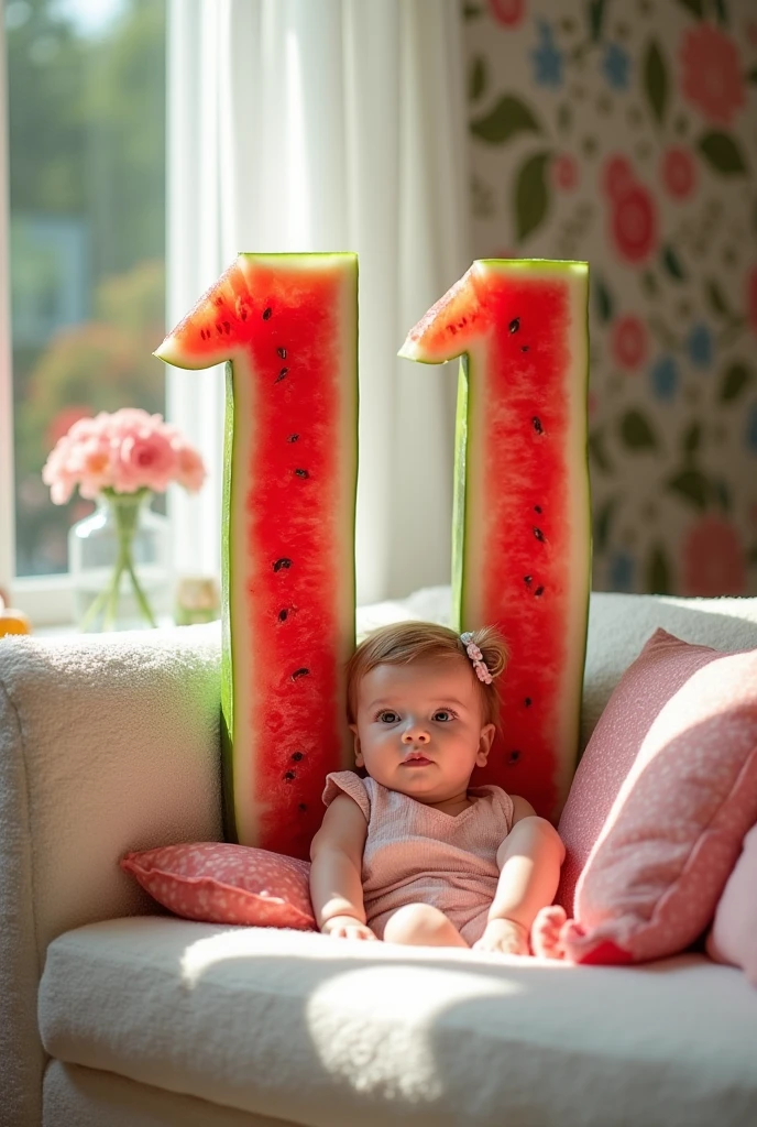 11 written by watermelon pieces and 11 month babygirl lying on sofa