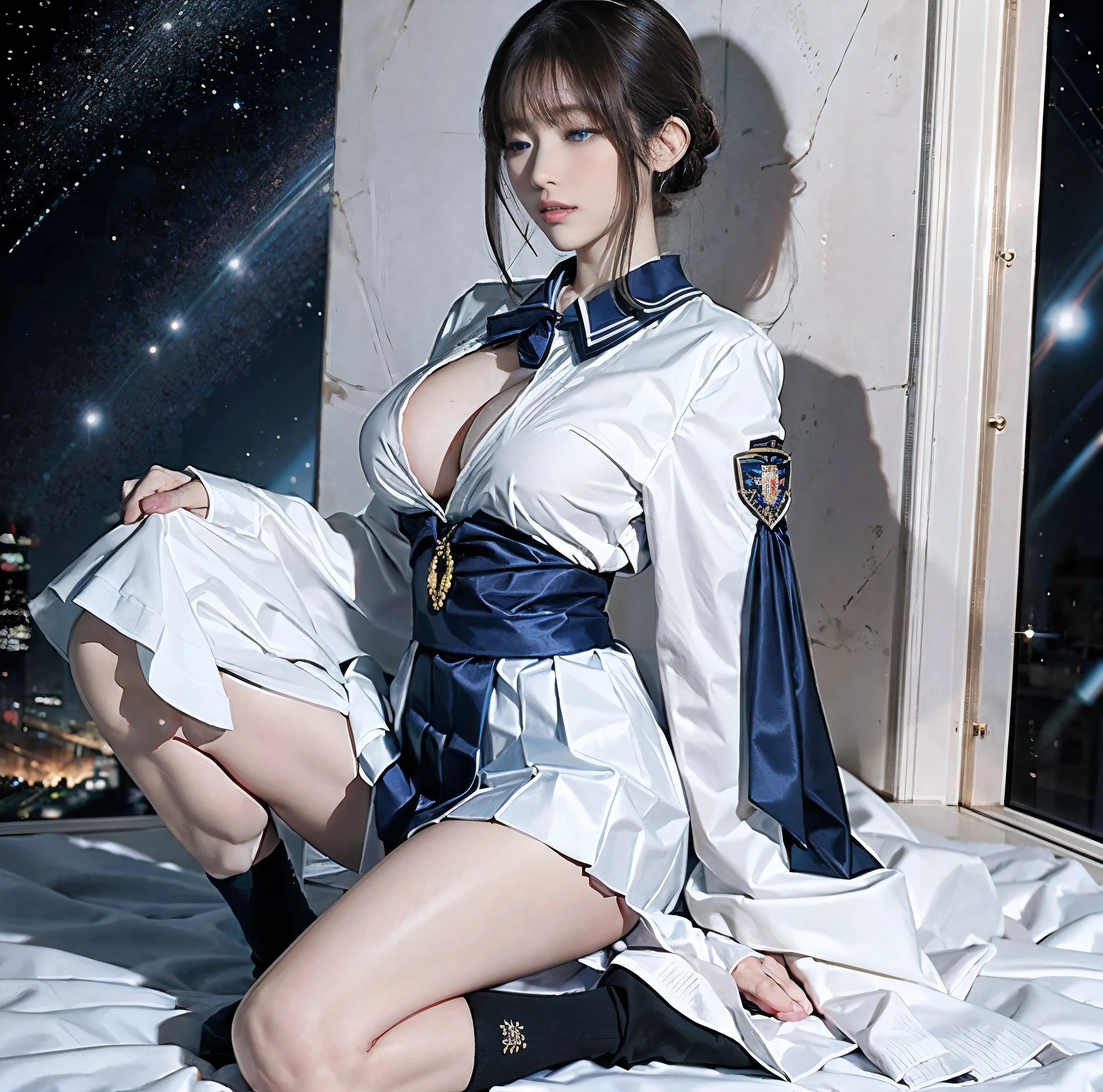 Highest quality, 8K quality, Masterpiece, (Two women with super big breasts are standing side by side facing this way.), (Super big breasts compressed in clothing:1.3), Whitening skin, Sparkling Blue Eyes, Deep crimson sailor collar uniform, Pleated skirt, Above the knee, (Super big breastsを手で握り潰している), A posture where the waist is bent forward to emphasize super big breasts, White panties, Breast Grab, Eyes closed and mouth open, Super big breasts