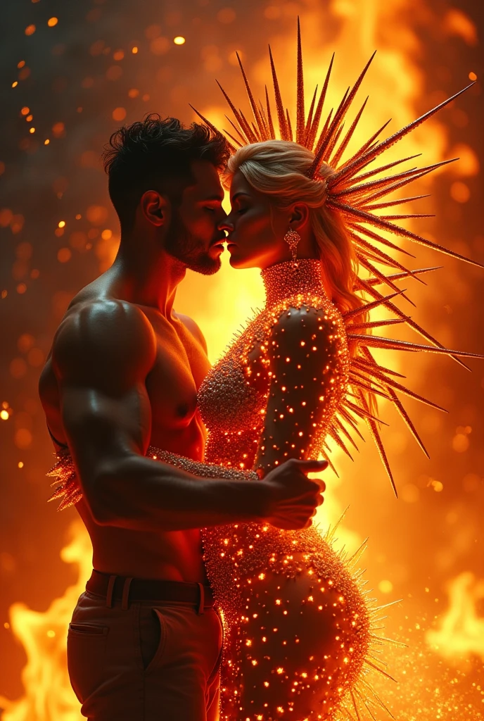Generate a photo where a male is hugging a physical female fire spitting idol, full of sharp diamond needles which could pierce through their bodies like a hell