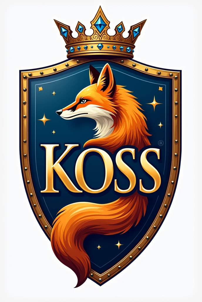 a logo for a company, with the symbol of a fox inside a shield and a crown on top. written 'Koss'