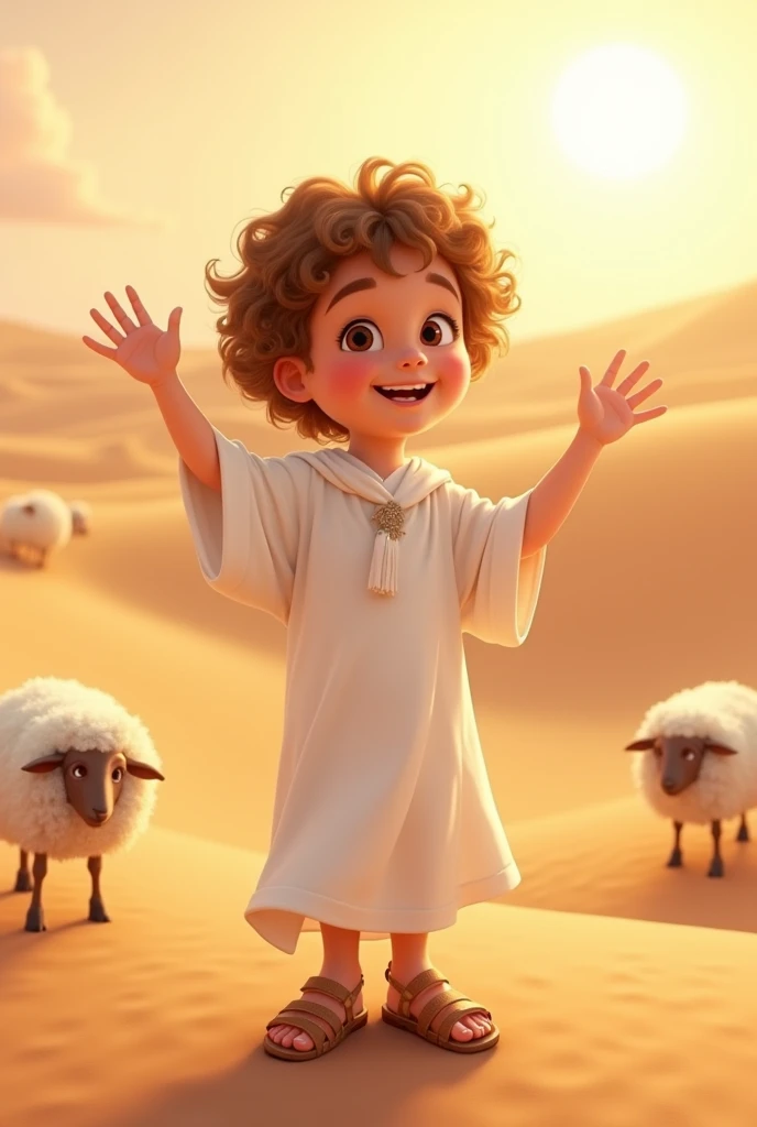 a young jew, Full-body image, ((())), ((Pixar-style)), ((Caucasian skin)), (((Curly hair))), moreno claro, wearing a white Jewish dress, jewish sandal, happy and welcoming expression, detailed facial features, complex clothing folds, warm lighting, cinematic composition in the desert with sheep nearby, award-winning photography in various poses.
